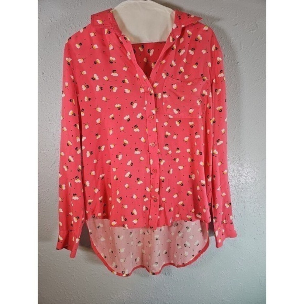 Velvet Heart Pink W/ Flowers Shirt Hi-Lo Button Up Roll Tab‎ Sleeve Sz Small
